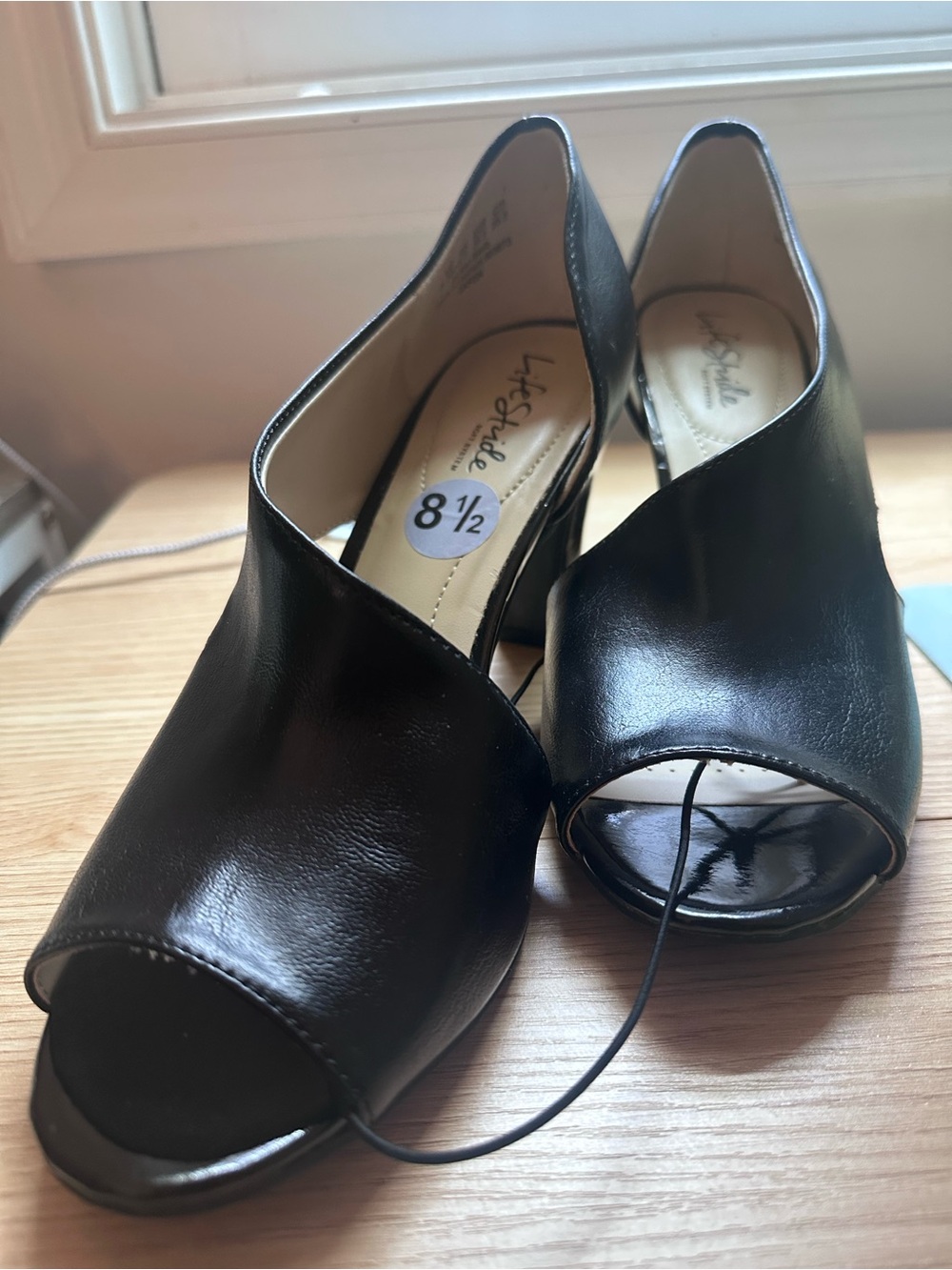 Life Stride Black Open-Toe Leather Heels - Women's